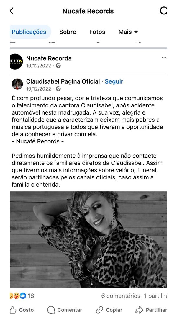 publicação morte Claudisabel