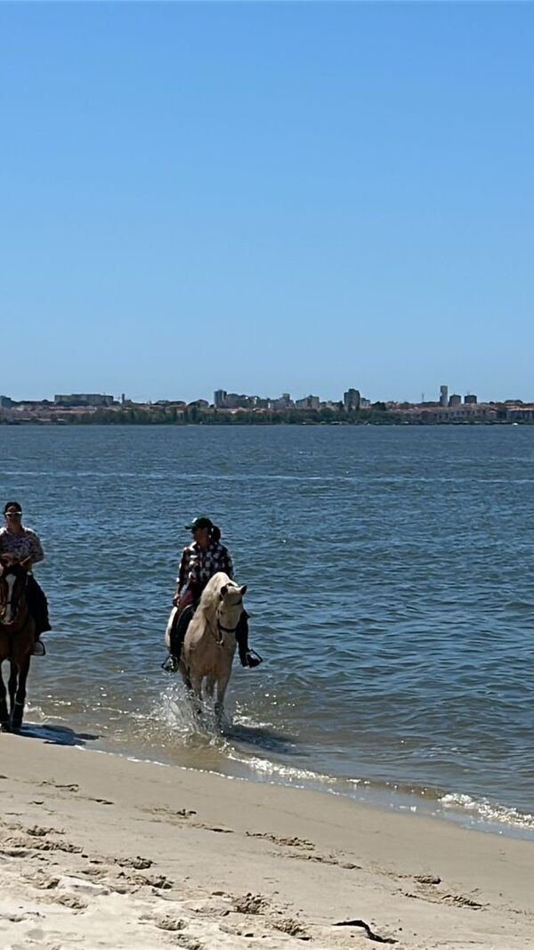 Pessoas a cavalo na praia junto ao rio Tejo, em Lisboa