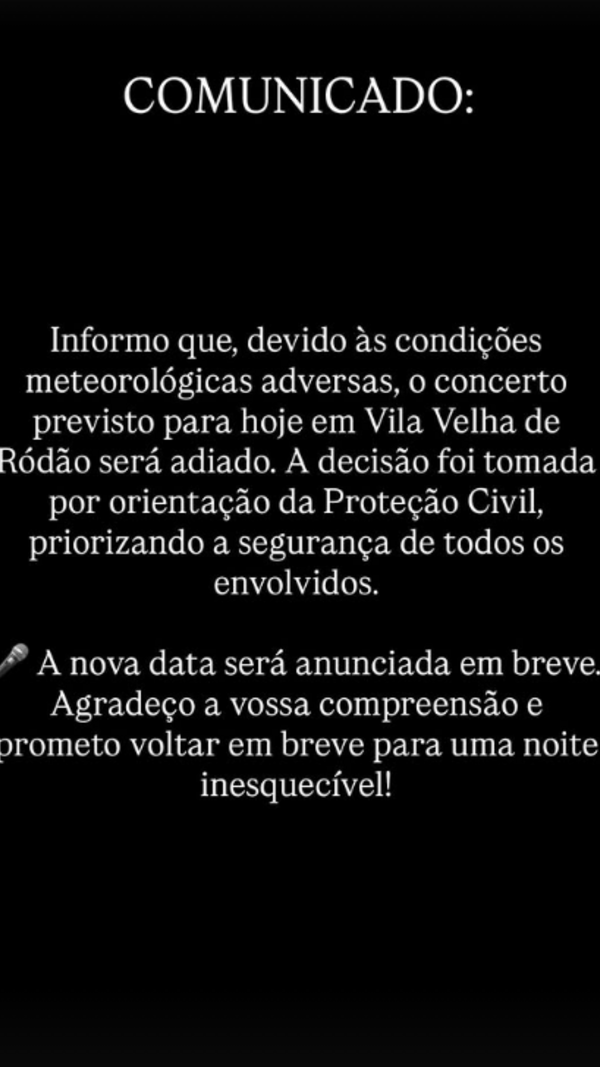Concerto de Tony Carreira em Vila Velha de Ródão adiado devido ao mau tempo