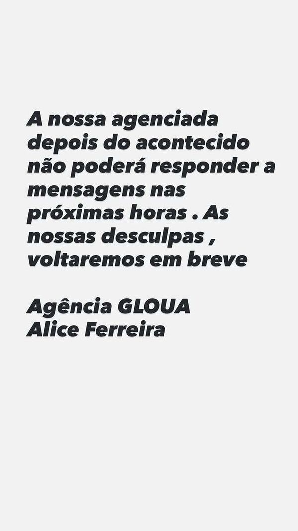 A agência GLOUA informa que a sua agenciada não responderá a mensagens nas próximas horas