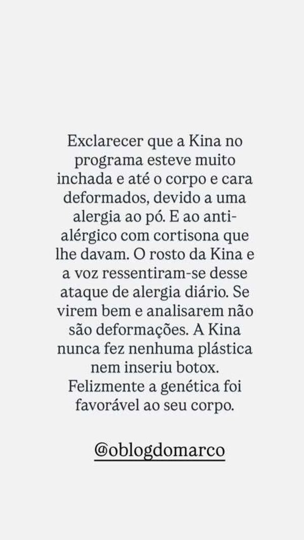 Kina inchada devido a alergia ao pó, não a plásticas ou botox