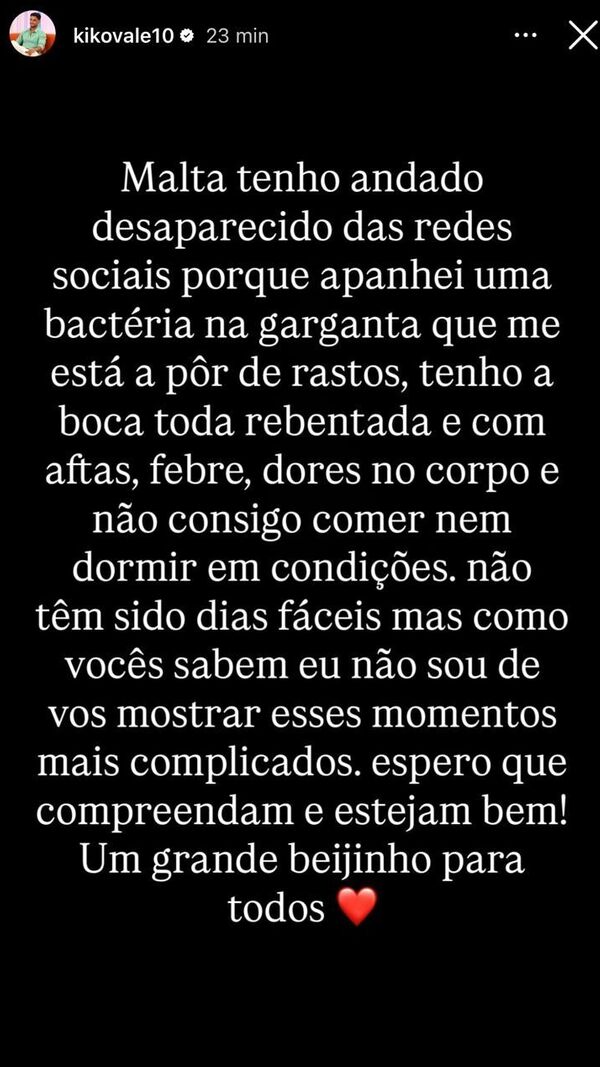 Francisco Vale partilha problema de saúde