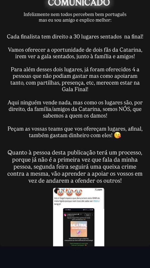 Esclarecimento de Sérgio Duarte sobre o 'passatempo' para levar Catarina Miranda à final do Big Brother