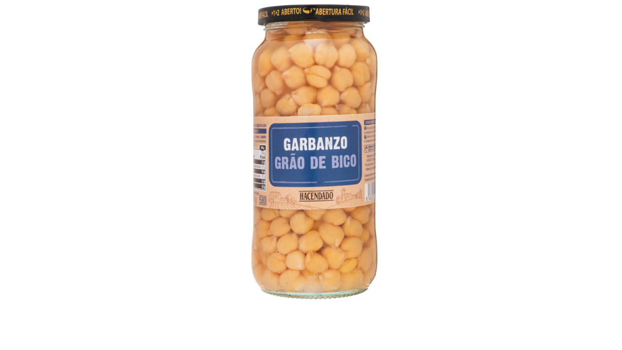 Grão de bico cozido da marca hacendado, ideal para refeições saudáveis e equilibradas