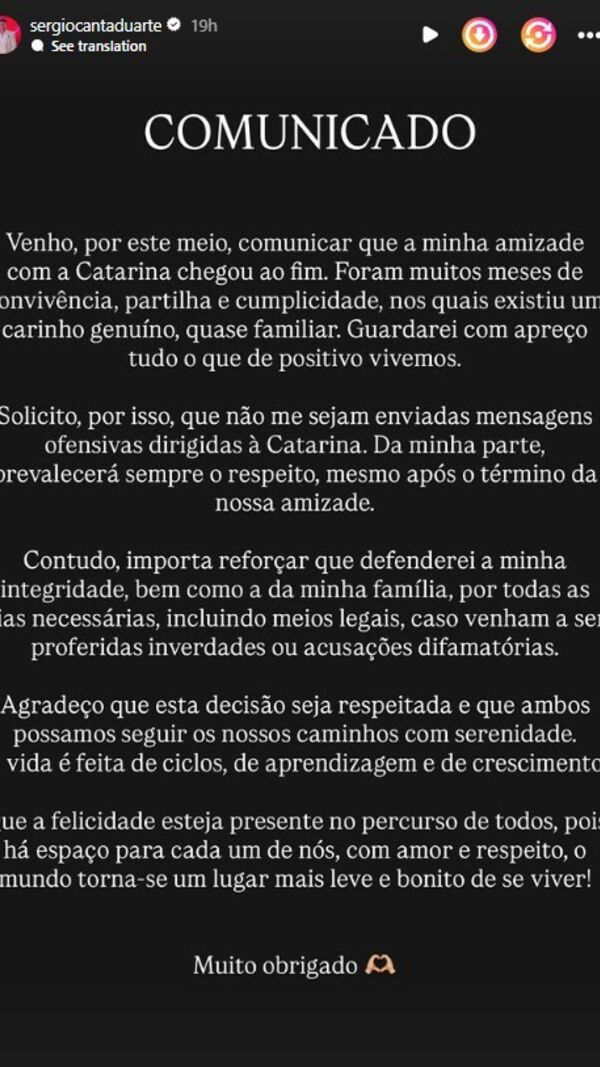 Comunicado de Sérgio Duarte sobre Catarina Miranda