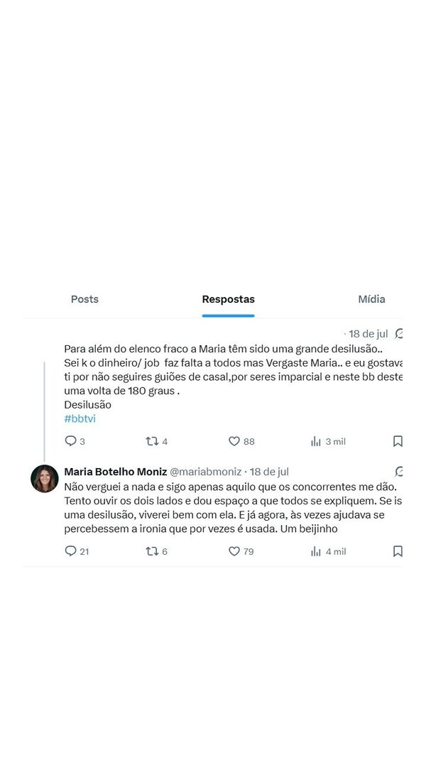 A reação de Maria Botelho Moniz a crítica de internauta