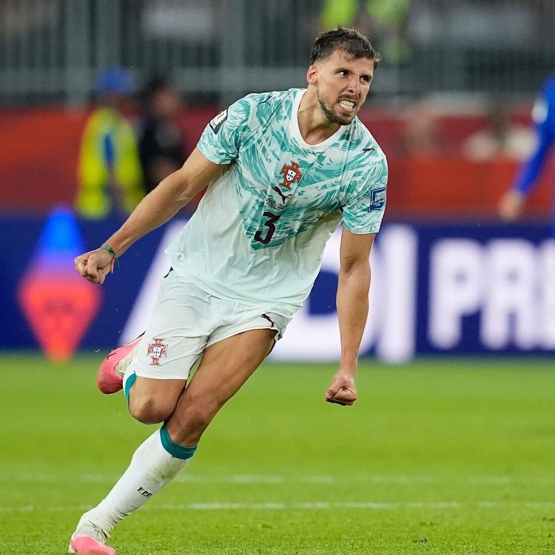 Portugal's Ruben Dias (3) celebrates a win during the World Cup round of 32 soccer match between Portugal and Croatia