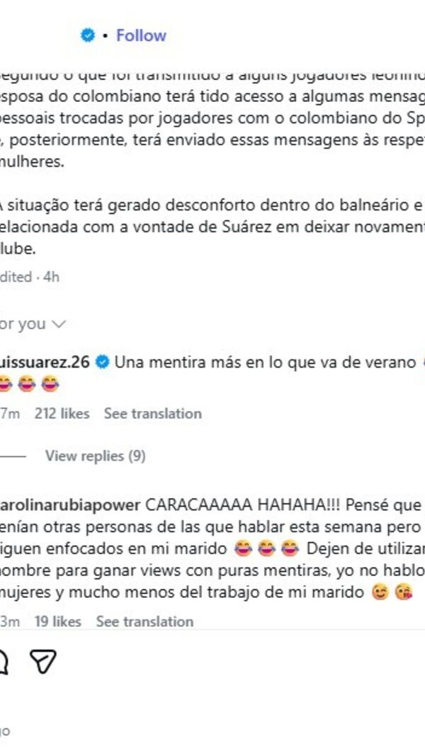 Suarez e mulher respondem a especulações