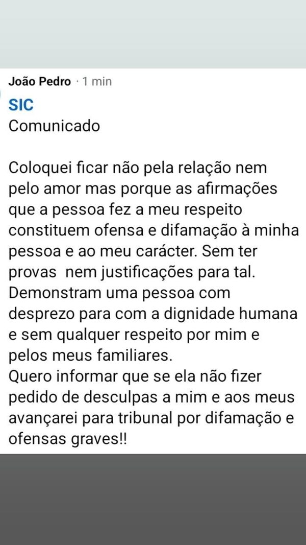 João Pedro ameaça Catarina com tribunal por difamação e ofensas graves
